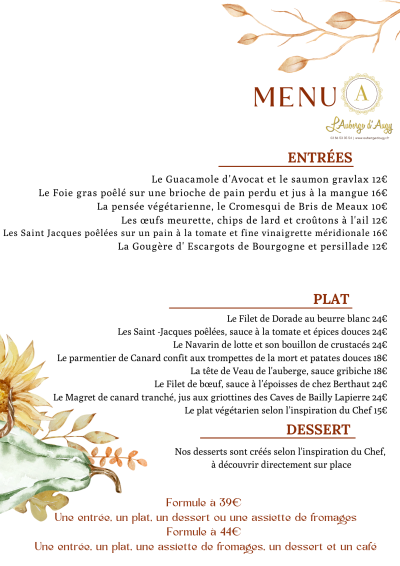 La carte du restaurant - L'Auberge d'Augy