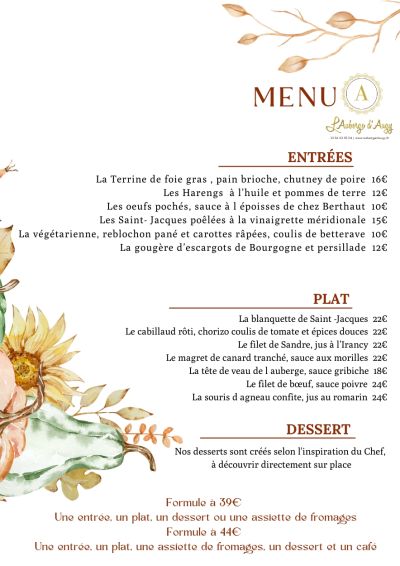 La carte du restaurant - L'Auberge d'Augy