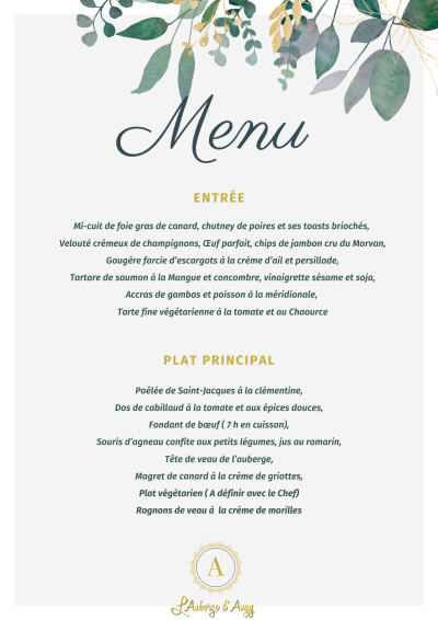 La carte du restaurant - L'Auberge d'Augy
