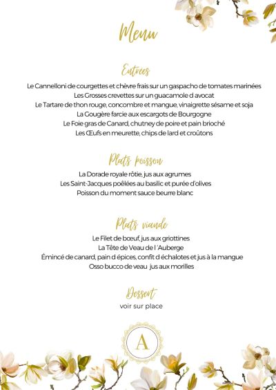 La carte du restaurant - L'Auberge d'Augy